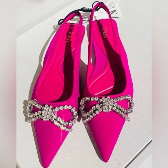 ZARA Rhinestone EMBELLISHED BOW FLAT MULES Sandals shoes