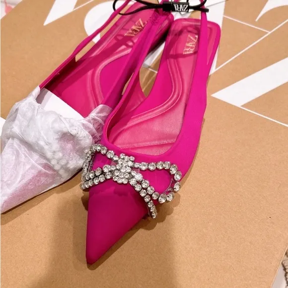 ZARA Rhinestone EMBELLISHED BOW FLAT MULES Sandals shoes