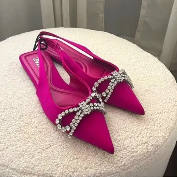 ZARA Rhinestone EMBELLISHED BOW FLAT MULES Sandals shoes