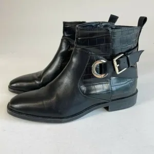 Zara Womens Flat Ankle Buckle Boots Black Sz 38 Croc Leather Square Toe Moto