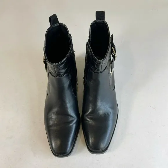 Zara Womens Flat Ankle Buckle Boots Black Sz 38 Croc Leather Square Toe Moto