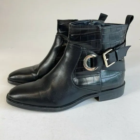 Zara Womens Flat Ankle Buckle Boots Black Sz 38 Croc Leather Square Toe Moto