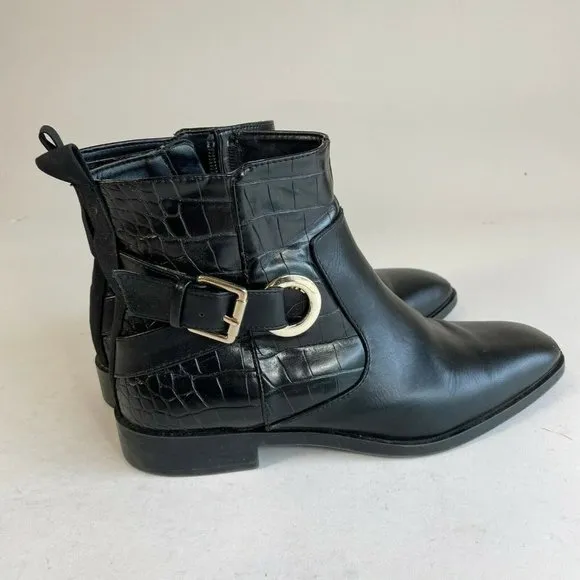 Zara Womens Flat Ankle Buckle Boots Black Sz 38 Croc Leather Square Toe Moto