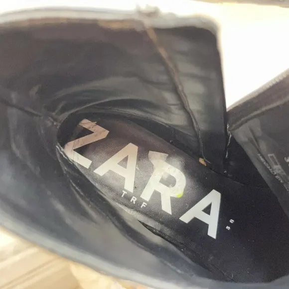 Zara Womens Flat Ankle Buckle Boots Black Sz 38 Croc Leather Square Toe Moto