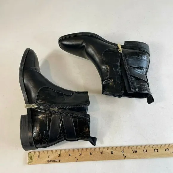 Zara Womens Flat Ankle Buckle Boots Black Sz 38 Croc Leather Square Toe Moto