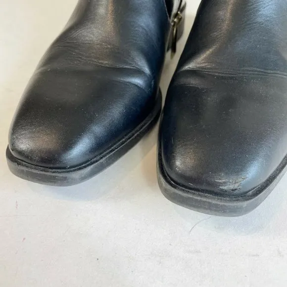 Zara Womens Flat Ankle Buckle Boots Black Sz 38 Croc Leather Square Toe Moto