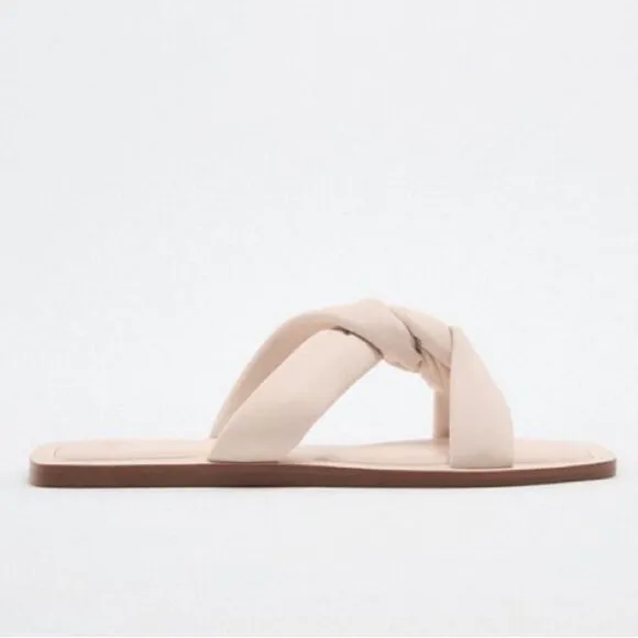 Zara Off White Crème Pink Flat Leather Sandals Shoes Size 8