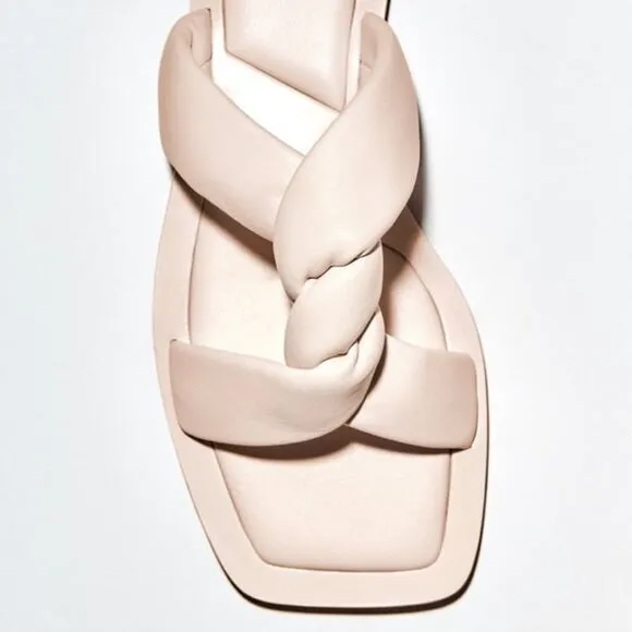 Zara Off White Crème Pink Flat Leather Sandals Shoes Size 8
