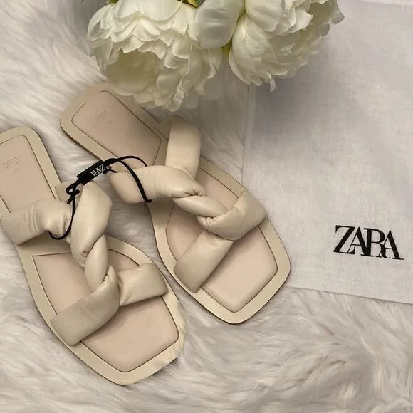 Zara Off White Crème Pink Flat Leather Sandals Shoes Size 8