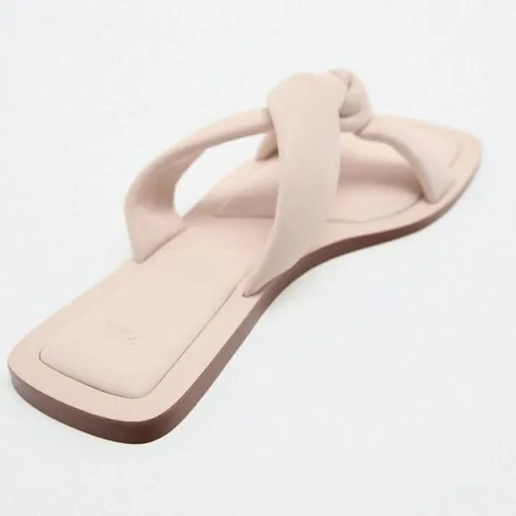 Zara Off White Crème Pink Flat Leather Sandals Shoes Size 8