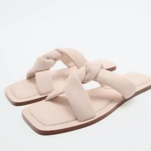 Zara Off White Crème Pink Flat Leather Sandals Shoes Size 8