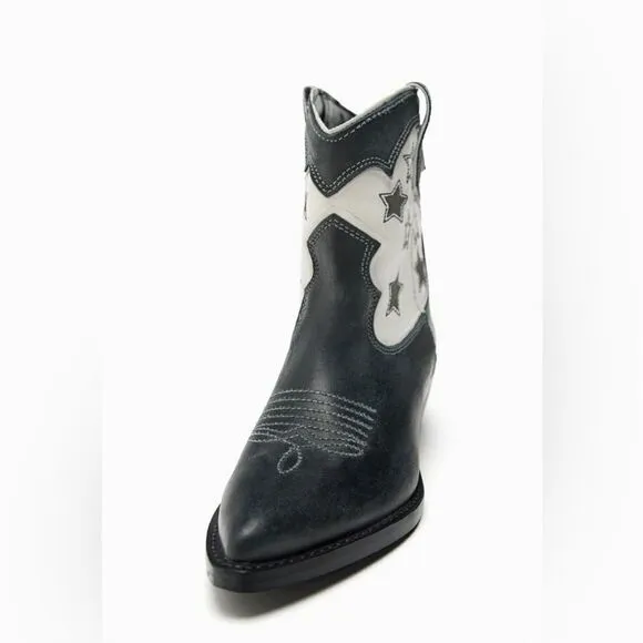 ZARA STAR LEATHER COWBOY ANKLE BOOTS