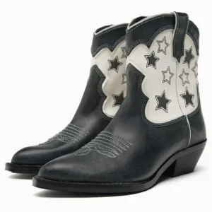 ZARA STAR LEATHER COWBOY ANKLE BOOTS
