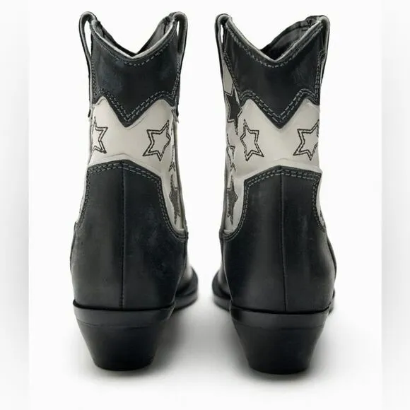 ZARA STAR LEATHER COWBOY ANKLE BOOTS