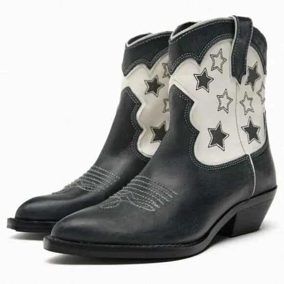 ZARA STAR LEATHER COWBOY ANKLE BOOTS