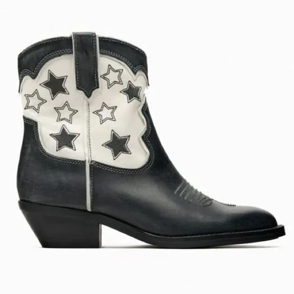 ZARA STAR LEATHER COWBOY ANKLE BOOTS